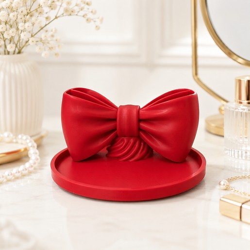 Bow Beauty Organizer Tray - red bow-shaped organizer tray on a marble vanity